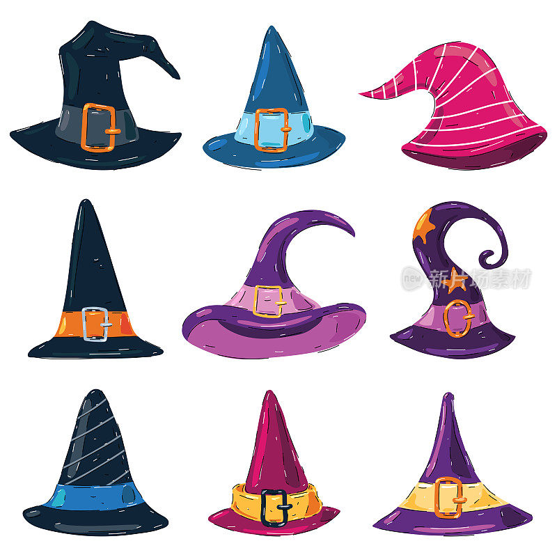 WItch hats vector cartoon set isolated on a white background.